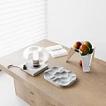 Minimalist Ornamental Decor Combination With Transparent Cover Gray Wavy Plate And White Fruit Vase