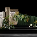 Floral Installation With Green Backdrop White Flowers Wooden Panels And Stage Candle Decor