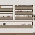 Wooden Wall Cabinets With Books Decorations And Baskets On Light Colored Wall Beside Green Plant