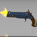 Blue Decorative Revolver With Flame Ejecting From Muzzle And Wooden Grip