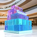 Blue And Purple Ice Block Stack Art Installation In Shopping Mall For Summer Theme