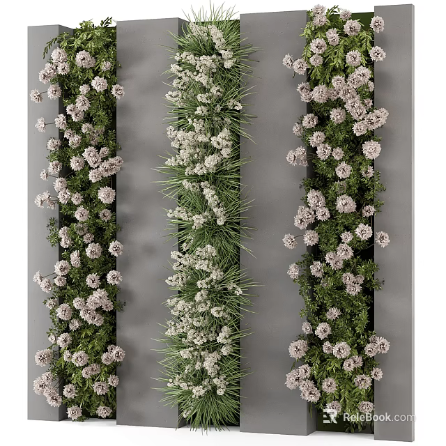 Lush Vertical Green Wall Design With White Flowers And Gray Backdrop 3d model 