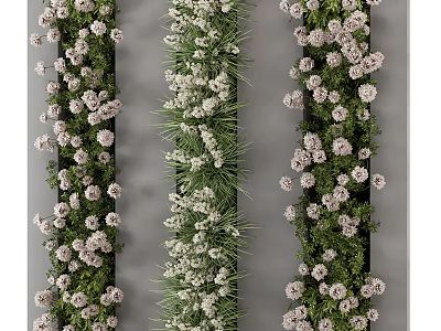 Lush Vertical Green Wall Design With White Flowers And Gray Backdrop 3d model