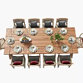 Rustic Wooden Dining Table Set With Rattan Chairs Tableware Green Plant And Decorative Stand