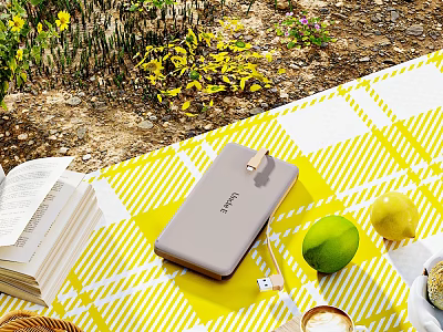 Campsite With Yellow White Checkered Picnic Mat Power Bank Lemons Open Book Coffee And Greenery 3d model