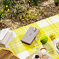 Campsite With Yellow White Checkered Picnic Mat Power Bank Lemons Open Book Coffee And Greenery