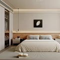 Modern Bedroom Interior Design With Wooden Headboard Beige Bedding And Feather Wall Art