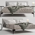 Modern Double Bed With Upholstered Headboard White Pillows Gray Blanket Bedside Nightstands And Table Lamp