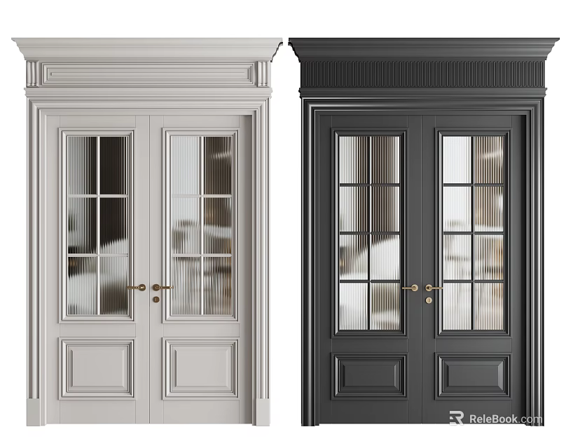 White and Black Double Doors with Glass Panels and Classic Panel Design 3d model 