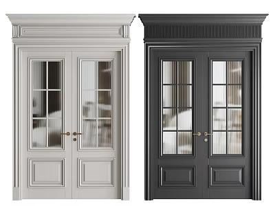 White and Black Double Doors with Glass Panels and Classic Panel Design 3d model