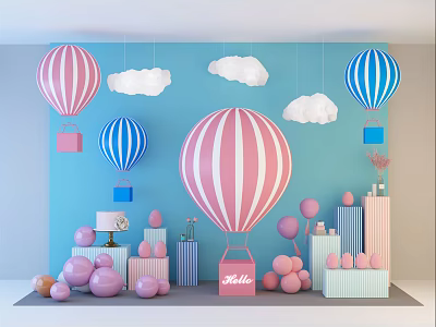 Inflatable Hot Air Balloons in Pink and Blue with Cloud Decorations and Gift Boxes 3d model