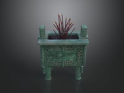 Traditional Ceramic Square Vessel With Intricate Carved Patterns Four Legs And Incense Sticks 3d model