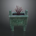 Traditional Ceramic Square Vessel With Intricate Carved Patterns Four Legs And Incense Sticks