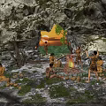 Prehistoric Human Tribe Gathers Around Warm Campfire Making Primitive Pottery Inside Large Natural Rock Cave