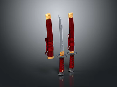 Traditional Japanese Swords with Red Scabbards Golden Decorations Silver Blades Placed Side by Side 3d model