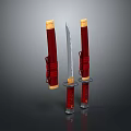 Traditional Japanese Swords with Red Scabbards Golden Decorations Silver Blades Placed Side by Side
