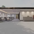 Modern Office Reception Desk With Marble Countertop Backdrop Wall Lighting And Red Sculpture
