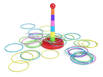 Colorful Stacking Ring Toy with Red Base and Scattered Colorful Rings 3d model