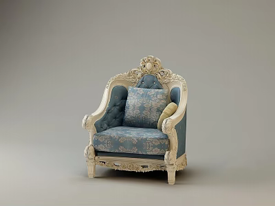 Elegant Single Sofa With Carved White Frame And Blue Patterned Fabric Cushions 3d model