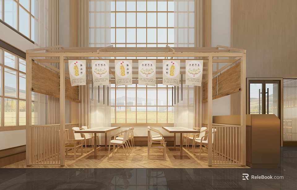 Wooden Open Layout Restaurant Interior With Tables Chairs Hanging Posters And Natural Light 3d model 