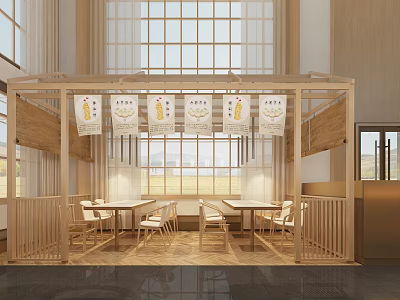 Wooden Open Layout Restaurant Interior With Tables Chairs Hanging Posters And Natural Light 3d model