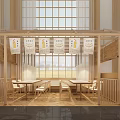 Wooden Open Layout Restaurant Interior With Tables Chairs Hanging Posters And Natural Light
