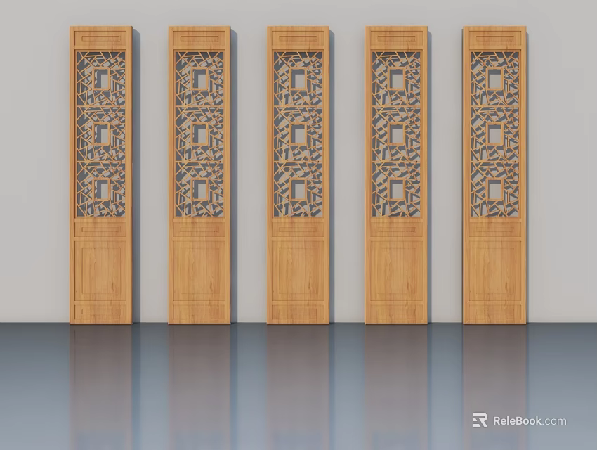 Five Wooden Swing Doors Featuring Intricate Geometric Carved Patterns Design 3d model