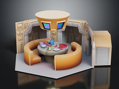 Sci Fi Interior Scene With Round Table Curved Seats Overhead Console Screens And Metallic Walls 3d model