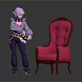 Red Tufted Chair With Wooden Frame And Pink Haired Character In Stylish Outfit