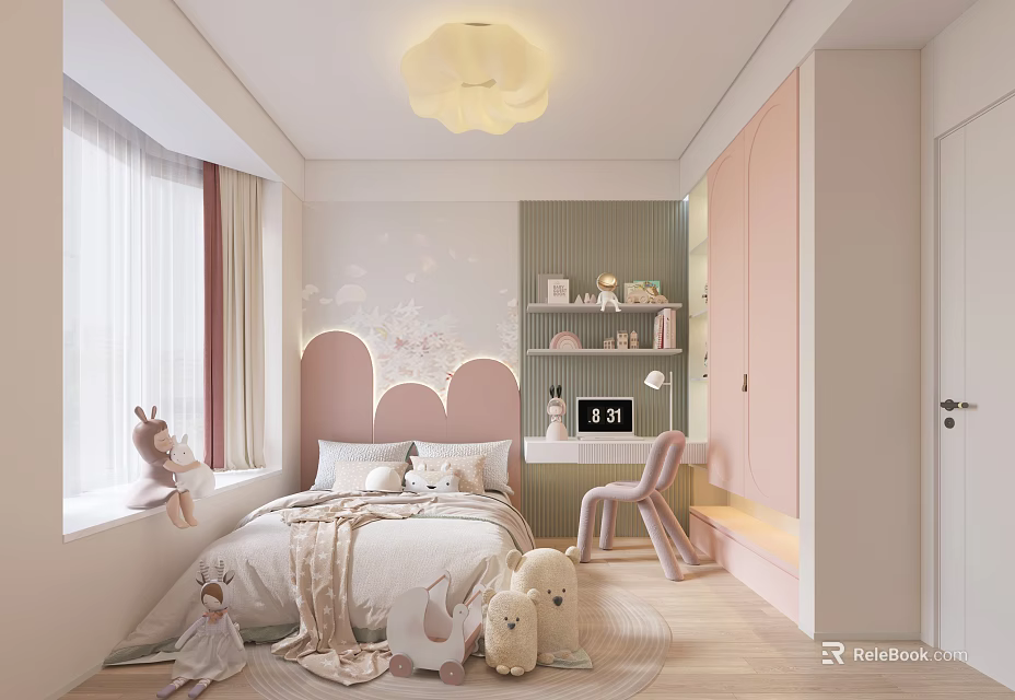 Cozy Kids Room With Pink Headboard White Bed Window Curtains Bookshelf Chair And Stuffed Toys 3d model 