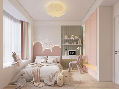 Cozy Kids Room With Pink Headboard White Bed Window Curtains Bookshelf Chair And Stuffed Toys 3d model