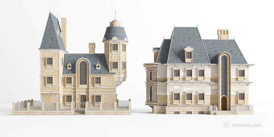 Classic European style Architecture With Stone Facade Tower Gray Roof And Arched Windows 3d model 