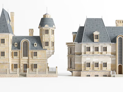 Classic European style Architecture With Stone Facade Tower Gray Roof And Arched Windows 3d model