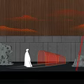 Modern Indoor Landscape Design Featuring Red Lighting Mountain Pattern Water Sculpture And Sleek Floor