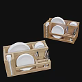 Tableware Set with Wooden Storage Organizer Holding White Plates Spoons and Utensils