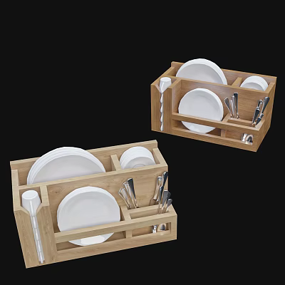 Tableware Set with Wooden Storage Organizer Holding White Plates Spoons and Utensils 3d model