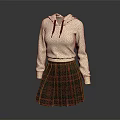 Cream Colored Hoodie With Drawstrings And Red Black Plaid Pleated Skirt 3d model