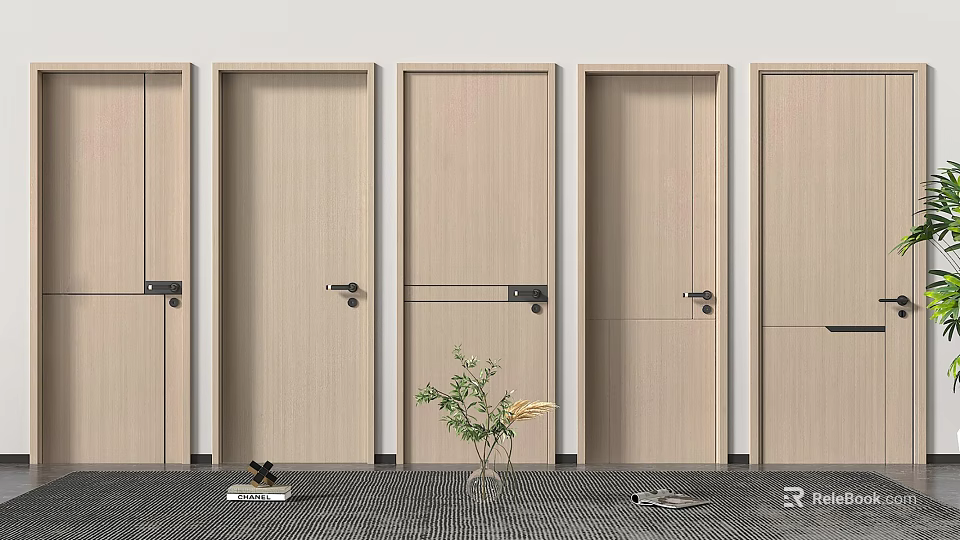 Modern Light Wood Hinged Doors With Various Handle Designs For Interior Spaces 3d model