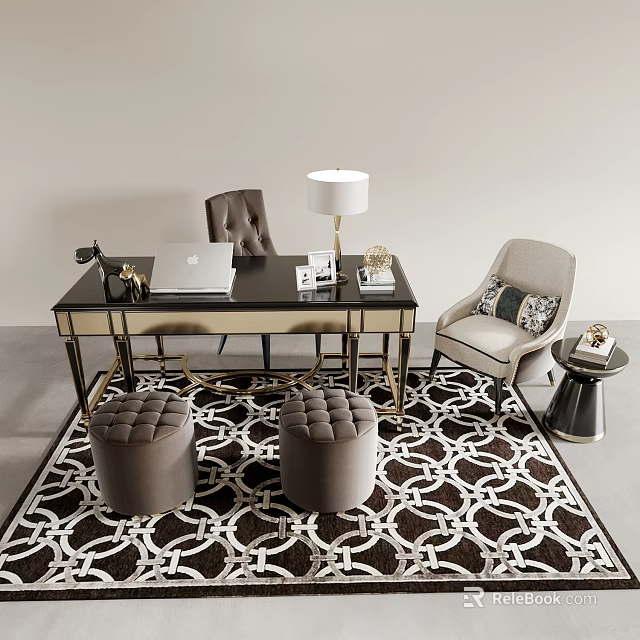Elegant Study Room With Black Desk Laptop Lamp Brown Chair Gray Ottomans And Patterned Rug 3d model 