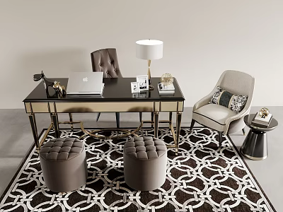 Elegant Study Room With Black Desk Laptop Lamp Brown Chair Gray Ottomans And Patterned Rug 3d model