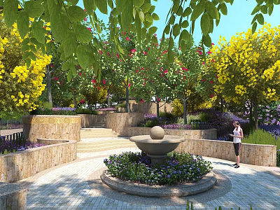 Stunning Garden Landscape With Central Stone Fountain Terraced Steps And Vibrant Yellow Flowers 3d model
