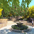 Stunning Garden Landscape With Central Stone Fountain Terraced Steps And Vibrant Yellow Flowers