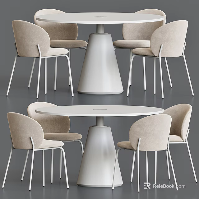 Modern Round Dining Table Set With Beige Fabric Chairs And Conical White Base Metal Legs 3d model 