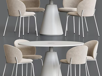 Modern Round Dining Table Set With Beige Fabric Chairs And Conical White Base Metal Legs 3d model