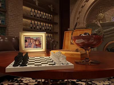Elegant Chess Entertainment Scene With Chessboard Pieces Wooden Chest Wine Glass And Brick Wall 3d model
