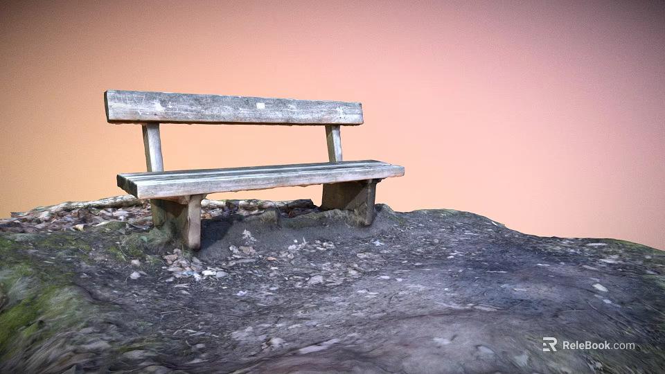 Outdoor Wooden Bench Placed On Gravel Soil Ground With Orange Sky Background 3d model 