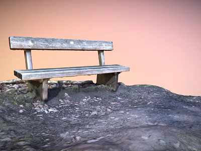 Outdoor Wooden Bench Placed On Gravel Soil Ground With Orange Sky Background 3d model
