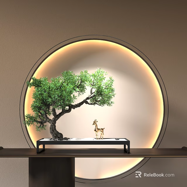 Elegant Bonsai Tree with Small Deer Figurine on Black Table and Circular Glowing Background 3d model