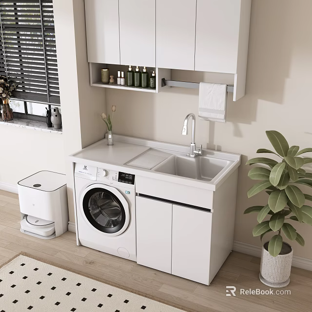 Functional Home Balcony Design With Washing Machine Sink White Cabinets And Green Plant 3d model 