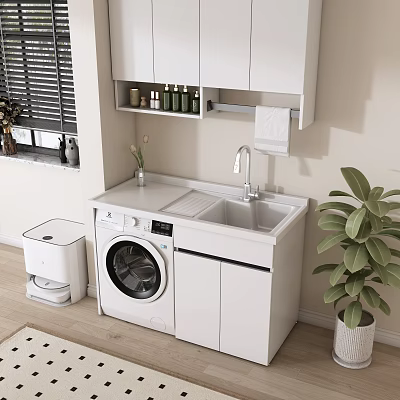 Functional Home Balcony Design With Washing Machine Sink White Cabinets And Green Plant 3d model